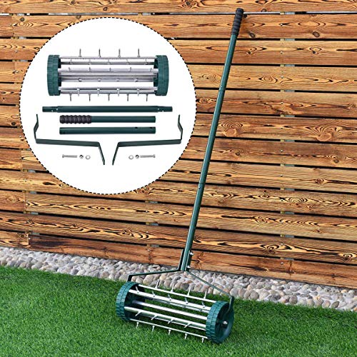 Goplus Rolling Lawn Aerator, 18-Inch Garden Yard Rotary Push Tine Heavy Duty Spike Soil Aeration, Manual Lawn Aeration Tool w/ 41-Inch Handle (Silver)