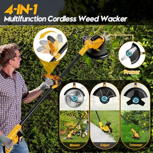 20000 RPM Electric Stringless Weed Wacker, Cordless Weed Eater Battery Powered 6000mAh, 4-in-1 Brush Cutter Heavy Duty/Weed Trimmer/Lawn Mower Edger W/Wheel Metal Blade, 2 Battery Garden Yard Tool