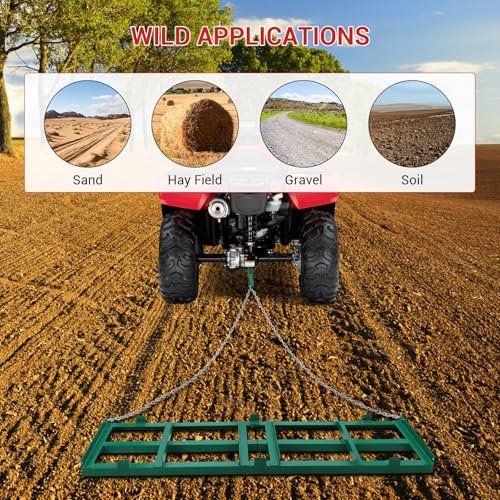 CuisinAid 48”Lawn Leveling Rake & Driveway Drag Harrow - Heavy-Duty Tow-Behind Tool with 4FT Reinforced Chain - for ATV, UTV, Tractor, Mower - Gravel, Soil, Yard & Landscape Grading