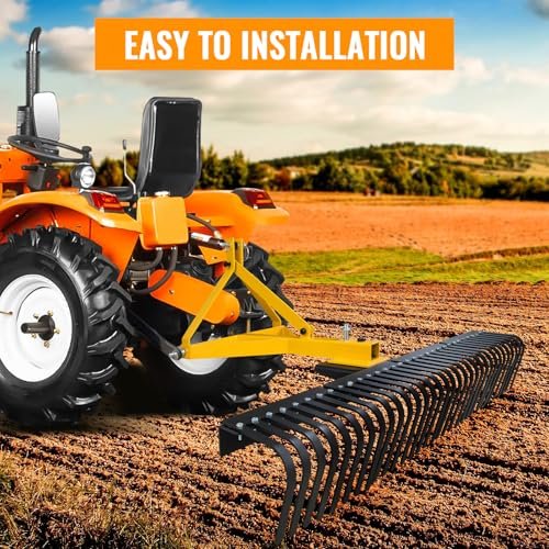 Migoda 60 Inch 3 Point Landscape Rake with Heavy Duty Tines and Pin Hitch Perfect for Category 1 Tractor, Lawn Tractor Rake Ideal for Lawn Care and Landscaping