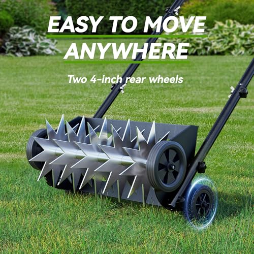 18-Inch Lawn Aerator,Heavy Duty Push Spike Aerator with 4 Wheels,Aerator Lawn Tool with Steel Handle, Manual Aerator Lawn Tool with Foam Armrests, Suitable for Lawn, Garden and Yard