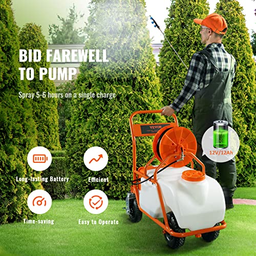 VEVOR Battery Powered 15 Gallon Garden Weed Sprayer with Wheeled Cart, 126FT Hose with Reel, 8 Nozzles, 2 Wands with Lock Trigger, 0-90PSI, 5-6h Spray Time, Wide Mouth Lid, Rotating Wheels with Brake