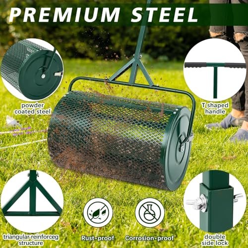 Gisafai 2 pcs Lawn Garden Care Set, 24 Inch Compost Spreader and 35 x 10 Inch Lawn Leveling Rake, Peat Moss Spreader, Metal Mesh Push with T Shaped Handle for Yard Tool
