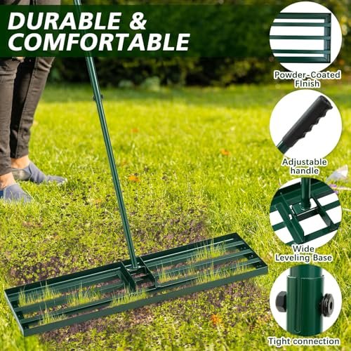 Gisafai 2 pcs Lawn Garden Care Set, 24 Inch Compost Spreader and 35 x 10 Inch Lawn Leveling Rake, Peat Moss Spreader, Metal Mesh Push with T Shaped Handle for Yard Tool