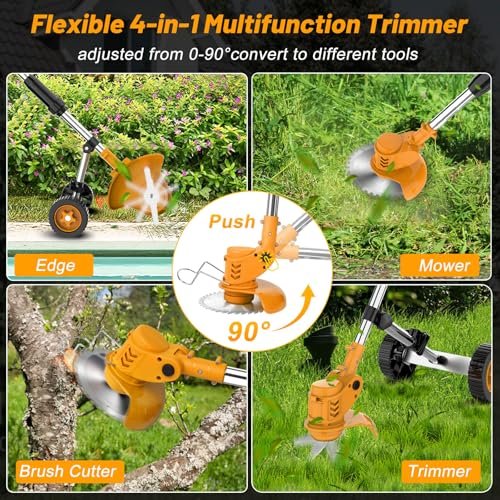 Electric Weed Wacker Cordless Weed Eater Battery Powered 21V, 4-in-1 Brush Cutter/String Trimmer/Grass Trimmer/Lawn Mower, 6 inch Lightweight Edger Stringless Weed Trimmer with Wheel & Blade,2 Battery