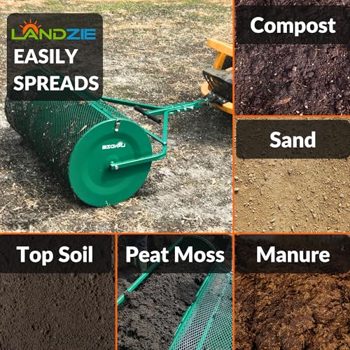 LANDZIE Lawn & Garden Spreaders - 44 Inch Heavy Duty Metal Mesh Basket Push/Tow Spreader - Compost, Peat Moss, Top Soil, Mulch - Durable Lightweight Multi-Purpose Yard Care Equipment - Manure Spreader