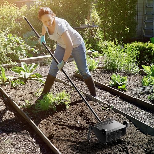 Lineware Rotary Cultivator Tool, 2-in-1 Garden Weeder and Crumbler Soil Tiller for Gardening, Hand Garden Tiller with 66.5 Inch Adjustable Foam Handle