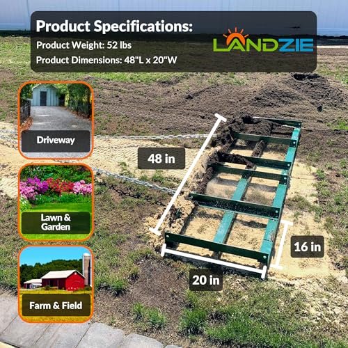 LANDZIE 4FT Drag Harrow Driveway Grader, 52 LB Heavy-Duty Tow-Behind Lawn Rake, Gravel Driveway Drag, Lawn Leveling, Landscape, and Power Rake for Land Leveling