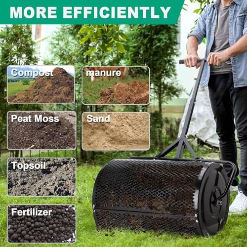 Raxjult Compost Spreader 24 Inch Roller Lawn Spreader with T Shaped Handle for Planting Seeding Durable Metal Mesh Spreader for Lawn and Garden Care Manure Spreaders Roller Patented