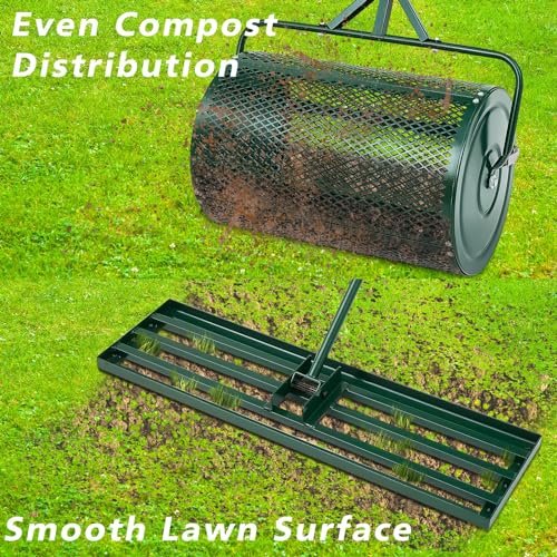 Gisafai 2 pcs Lawn Garden Care Set, 24 Inch Compost Spreader and 35 x 10 Inch Lawn Leveling Rake, Peat Moss Spreader, Metal Mesh Push with T Shaped Handle for Yard Tool