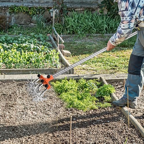BARAYSTUS Rotary Cultivator Garden Rotary Tiller Adjustable Stainless Steel Poles Hand Tiller for Soil Mixing or Reseeding Grass Lawn Tiller Total Length 57 Inch