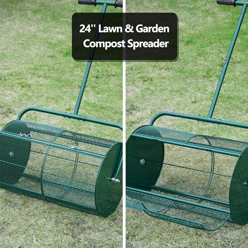 HIDALIFE Compost Spreader Roller, 24'' Peat Moss Spreader, Drop Fertilizer Grass Seed Spreader with Upgrade T Handle Strengthened Structure, Lightweight Metal Mesh Spreader Lawn & Garden Tool, Green
