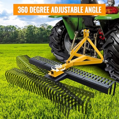 Migoda 60 Inch 3 Point Landscape Rake with Heavy Duty Tines and Pin Hitch Perfect for Category 1 Tractor, Lawn Tractor Rake Ideal for Lawn Care and Landscaping