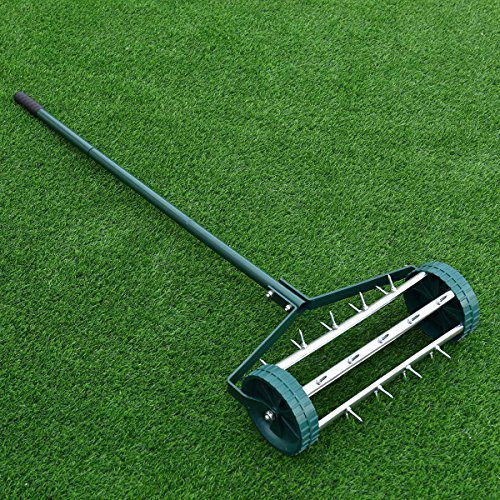 Goplus Rolling Lawn Aerator, 18-Inch Garden Yard Rotary Push Tine Heavy Duty Spike Soil Aeration, Manual Lawn Aeration Tool w/ 41-Inch Handle (Silver)