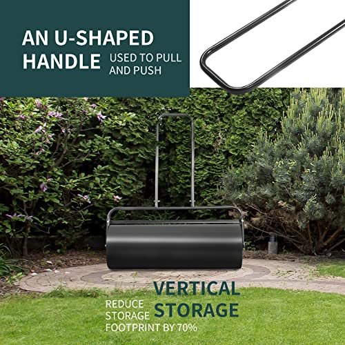 Furniga 17Gallons/63L Lawn Roller, Pull/Tow Behind Yard Roller w/Rounded Drum Ends & U Shaped Handle, Water/Sand Filled Sod Roller for Garden, Yard & Park, Black