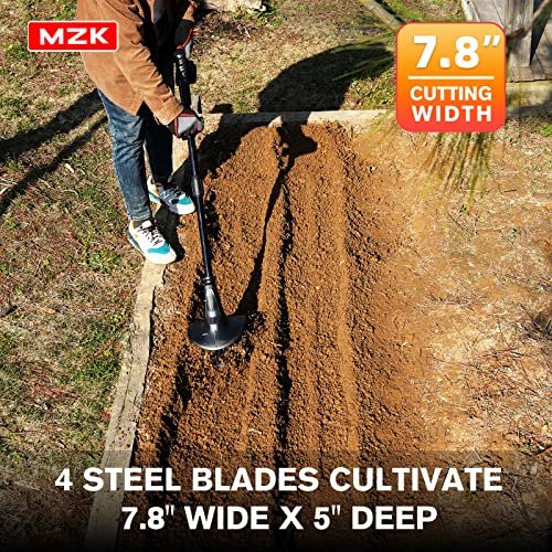 MZK 20V Cordless Tiller Cultivator with 24 Steel Tines,7.8-inch Wide Battery Powered Garden Cultivator, Mini Tiller for Gardening(2 * 2AH Battery and Charger Included)