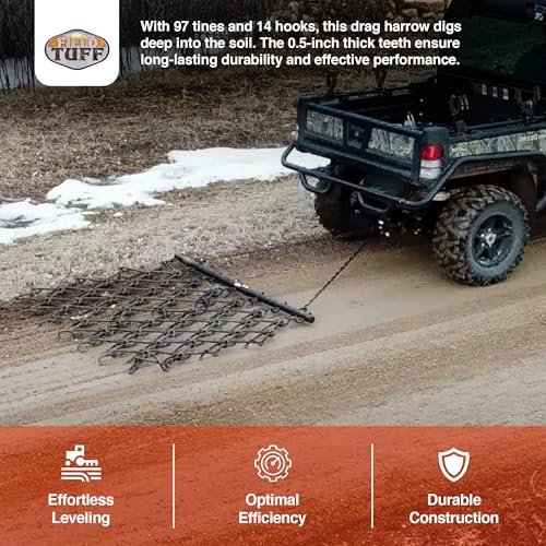 Field Tuff 6 by 4 Foot Tow Behind Heavy Duty Drag Harrow with Powder Coat Paint Finish for Patio, Garden, and Lawn Tractor Attachments, Black