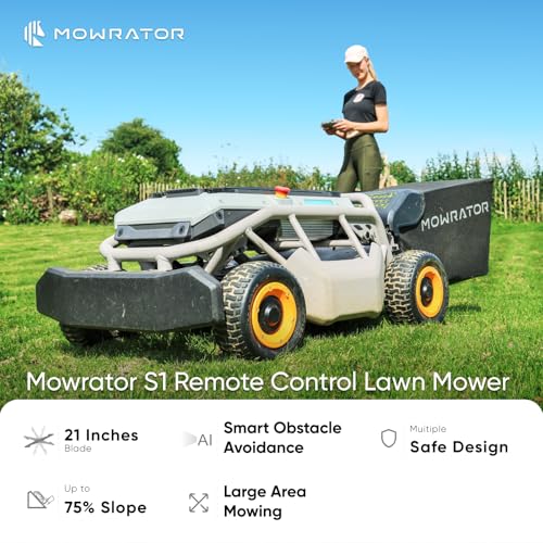 Mowrator Remote Control Lawn Mower S1 4WD 56V12Ah, Multi-Functions RC Lawn Mower with 1.5-4.3 Inch Cutting Height 21 Inch Cutting Width for 75% Slope(37°) for Mowing 0.75 Acres