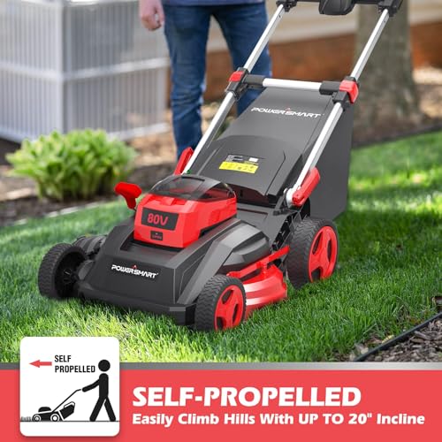 PowerSmart Lawn Mower - 80V Electric Lawn Mower, 26-Inch Electric Lawn Mower Cordless, Push Lawn Mower Lithium-Ion Dual-Force Cutting, Self Propelled Lawn Mower with 6.0Ah Battery & Charger for Garden