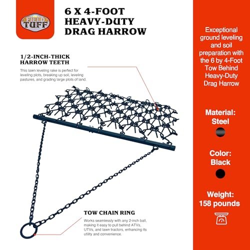 Field Tuff 6 by 4 Foot Tow Behind Heavy Duty Drag Harrow with Powder Coat Paint Finish for Patio, Garden, and Lawn Tractor Attachments, Black