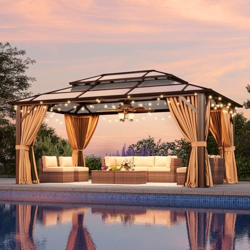 Aoxun 12'x16' Hardtop Gazebo, Aluminum Frame Permanent Pavilion with Netting and Curtains, Outdoor Polycarbonate Double Roof Canopy, Designed for Lawn, Garden, Patio (Brown) - best gazebos