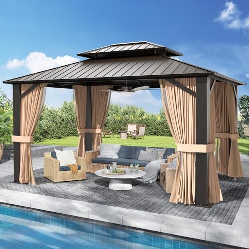 SOLUMIA 10’x12’ Hardtop Gazebo, Galvanized Steel Double Roof Canopy with Aluminum Frame, Outdoor Pavilion with Nettings and Curtains - best gazebos