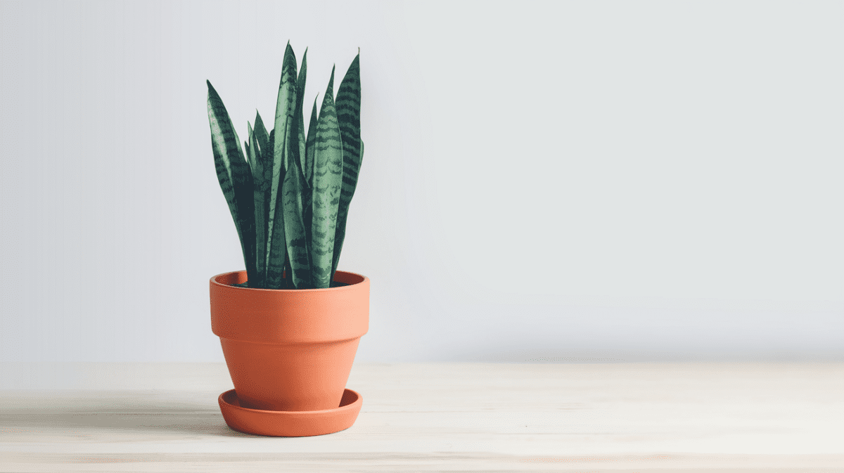**"Vibrant snake plant in terracotta pot on light wood, showcasing tall striped leaves for easy care tips."** *(89 characters – descriptive, SEO-frie